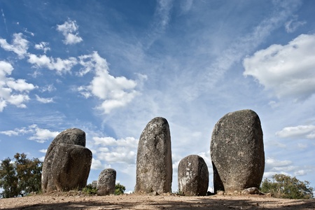 Menhirs in megalithic monument of Cromelech dos Almendres - Evora -Portugalの写真素材