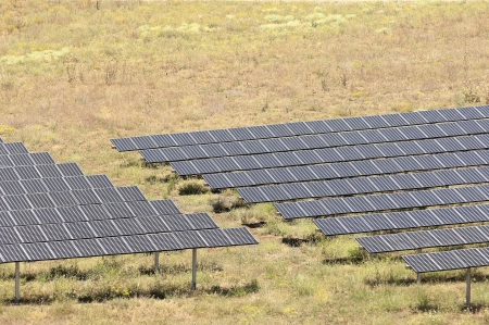 Serpa solar power plant with horizontal single axis tracking system, Alentejo, Portugalの写真素材