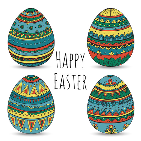 Colorful happy easter eggs set collection, vector illustration.のイラスト素材