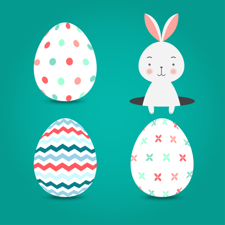Easter eggs set collection and bunny on turquoise background, vector illustration.のイラスト素材