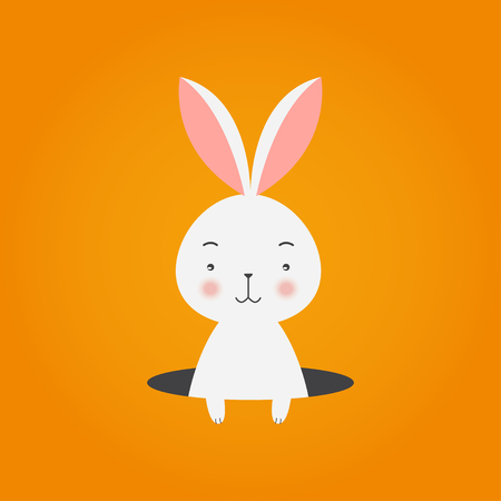 Bunny in hole on orange background, vector illustration.のイラスト素材
