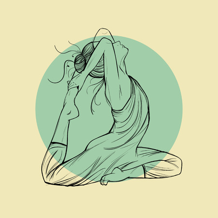 Beautiful woman in yoga pose on a round background, vector, hand-drawn.のイラスト素材