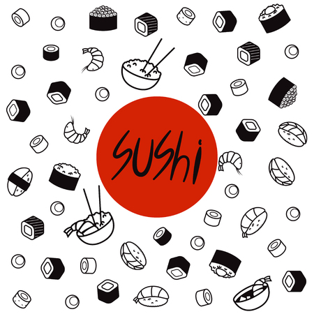 Japan food menu restaurant. Asian food poster. Top view frame vector illustration. White background.のイラスト素材