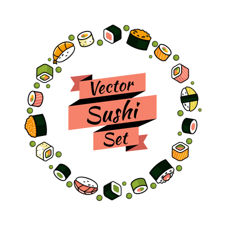 Rounded set of traditional japan food, rolls sushi, and rice seafood in white backgroundのイラスト素材