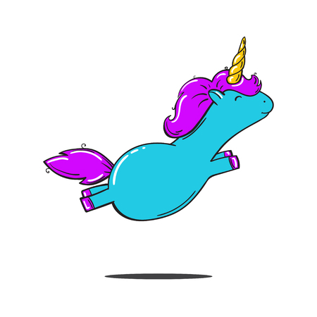 Fatty cartoon blue unicorn with pink hair, isolated on white vector illustrationのイラスト素材