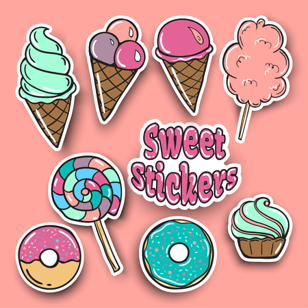 Sweet stickers Food Badges Set, Stickers, donuts, Candies, Cakes, Ice Cream in Pop Art Comic Style. Vector illustrationのイラスト素材