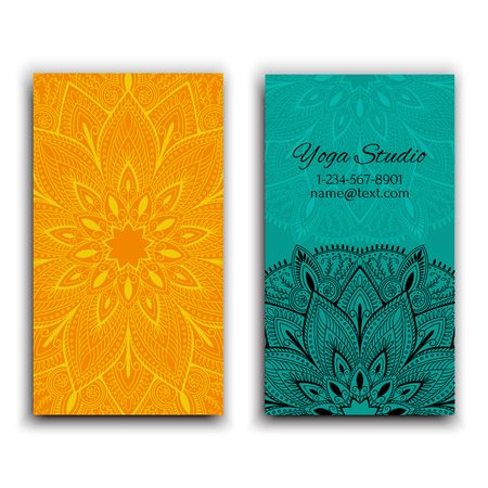 Cards template for yoga studio. Isolated vector editable pattern with mandala on front and back side of flyer.のイラスト素材