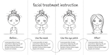 Cute Facial treatment monochrome 4th steps instruction, girl and pandaのイラスト素材