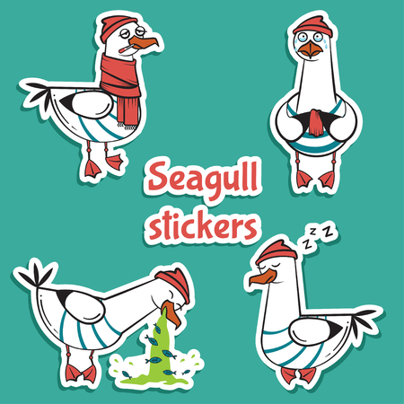 Bird seagull stickers set isolated on blue background.のイラスト素材