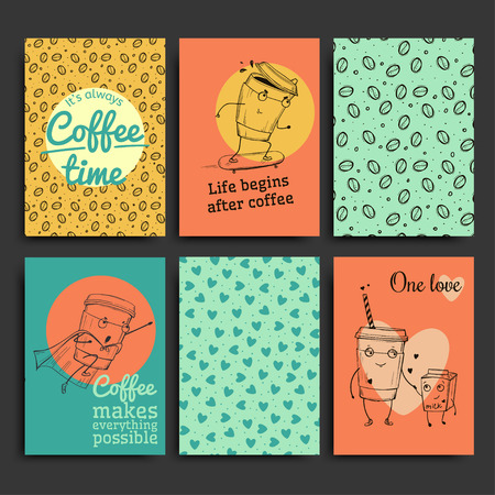 Vector Postcards template set. Hand drawn coffee to go charactersのイラスト素材