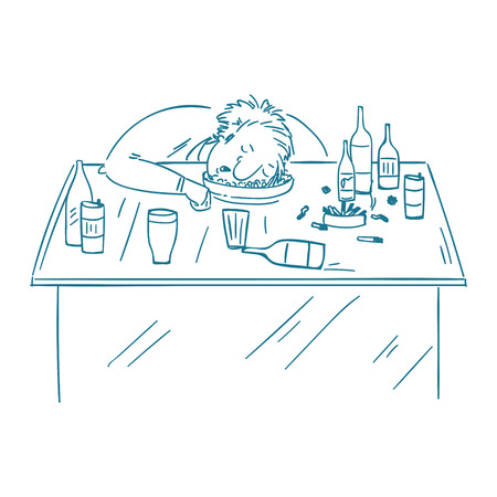 A drunk man sitting fall asleep on the table with a bottle of alcohol. Over drink concept.のイラスト素材