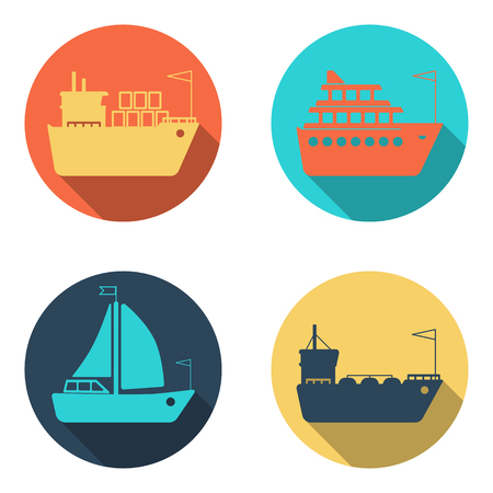 Ships, boats, cargo, logistics, transportation and shipping flat iconsのイラスト素材