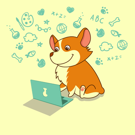 Cute dog of welsh corgi learning with laptop, vector illustration.のイラスト素材
