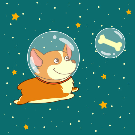 Cute smiling dog dressed in spacesuit is flying in outer space using, on starry space background.のイラスト素材