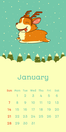 2018 January calendar with welsh corgi dog series. Vector funny cartoon character.のイラスト素材
