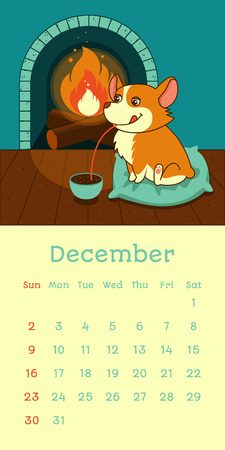 2018 December calendar with welsh corgi dog series. Vector funny cartoon character.のイラスト素材