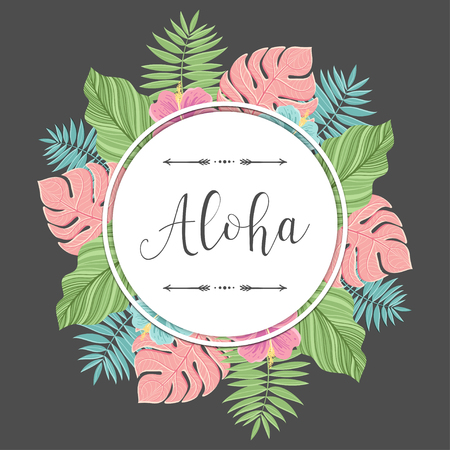 Tropical round label with colorful palm leaves. For invitations, greeting cards, blogs, posters and more. Vector.のイラスト素材