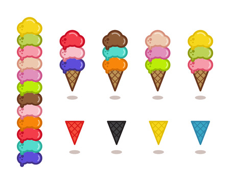 Big set of simple icons in outline style for gelato cafe isolated on white background. Constructor for make different flavors and colored cones. Vector flat line art icon.のイラスト素材