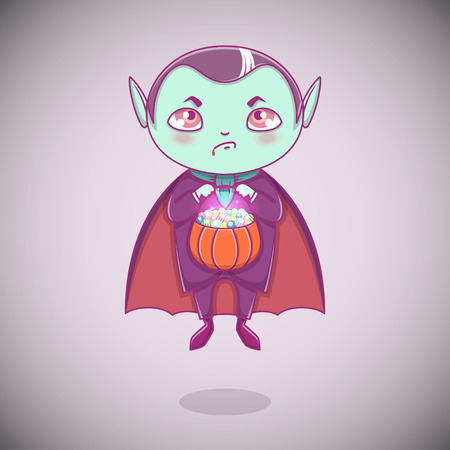 Halloween little vampire Dracula. Boy kid with angry face in halloween costume with pumpkin in his hand. Trick or treat. Vector illustration.のイラスト素材