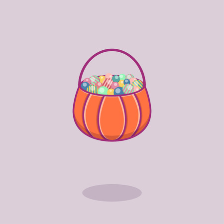 Pumpkin with candies in flat style for Halloween. Vector illustration. Isolated.のイラスト素材