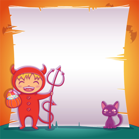 Poster with little devil with black kitten for Happy Halloween party. Editable template with text space. For posters, banners, flyers, invitations, postcards.のイラスト素材