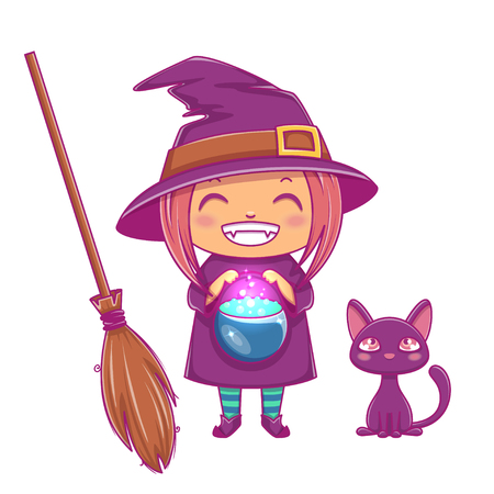 Halloween little witch. Girl kid with smiling face in halloween costume of witch with cauldron, black kitten and broom. Vector illustration. Isolated on white background.のイラスト素材