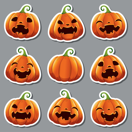 Stickers with cute realistic pumpkins with different faces for Halloween. Vector illustration. Isolated.のイラスト素材