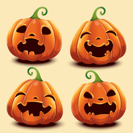 Set of pumpkins with different faces for Halloween. Vector illustration. Isolated.のイラスト素材