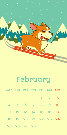 2019 February calendar with welsh corgi dog skying on snow mountains background, vector funny cartoon characterのイラスト素材