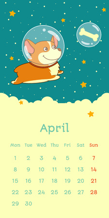 2019 April calendar with welsh corgi dog as astronaut in a space suit flying in the Space, vector funny cartoon characterのイラスト素材