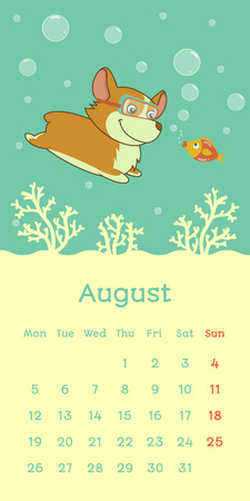 2019 August calendar with welsh corgi dog diving in ocean, vector funny cartoon characterのイラスト素材