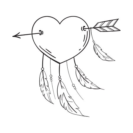 Heart with feathers pierced with an arrow, dreamcatcher as heart. Vector isolated illustration in doodle style. Template for Valentine day. Coloring book.のイラスト素材