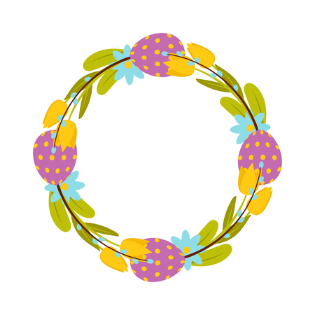 Happy Easter wreath. Vector illustration with colorful wreath of flowers, eggs and rabbits. Isolated on white background.のイラスト素材