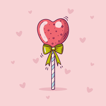 Red heart shaped lollipop with green bow knot on stripped stick in doodle style on pink background with heartsのイラスト素材