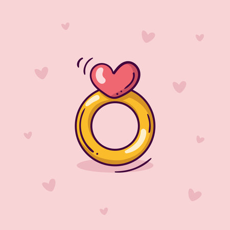 Golden ring with pink heart in doodle style on pink background with heartsのイラスト素材