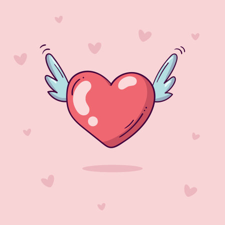 Flying red heart with wings in doodle style on pink backgroundのイラスト素材