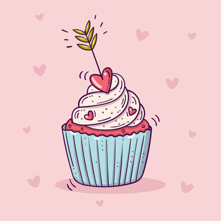 Sweet cupcake decorated with arrow with a red heart, in doodle styleのイラスト素材