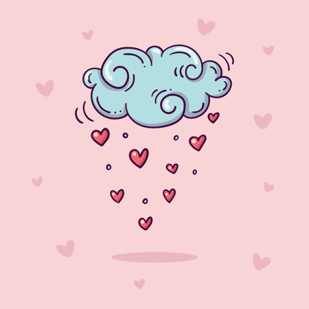 Illustration of cloud with rain of red hearts in doodle style on pink backgroundのイラスト素材