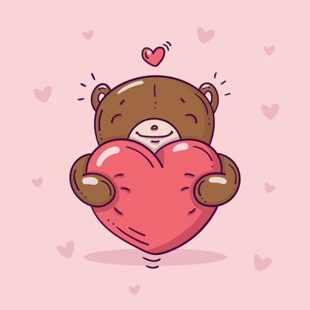 Teddy bear with big red heart in doodle style on pink background with heartsのイラスト素材