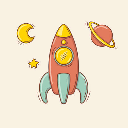 Hand drawn toy red and blue rocket with a half of moon, star and planetのイラスト素材