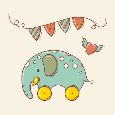 Hand drawn toy blue elephant in white spots on yellow wheels with a festive garland and a flying heartのイラスト素材