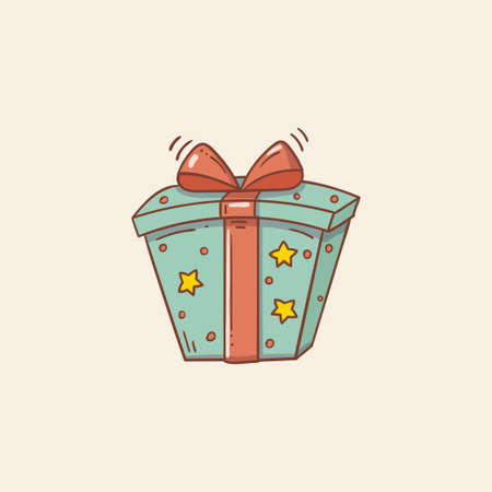 Blue gift box with stars and red bow and ribbon in doodle styleのイラスト素材