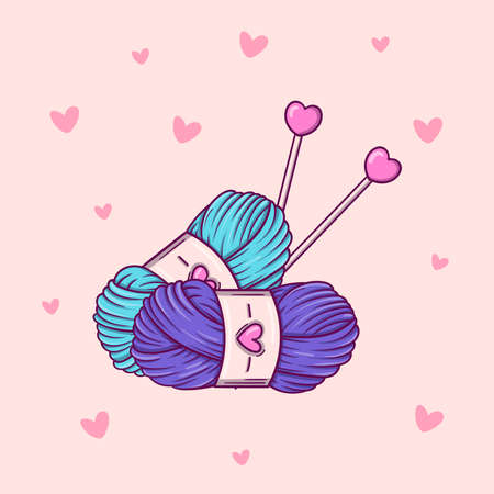 Hand drawn two skeins of yarn and needles in doodle style on pink background with heartsのイラスト素材