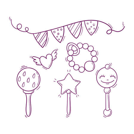 Hand drawn baby black and white toys, rattles, festive garland and a flying heartのイラスト素材