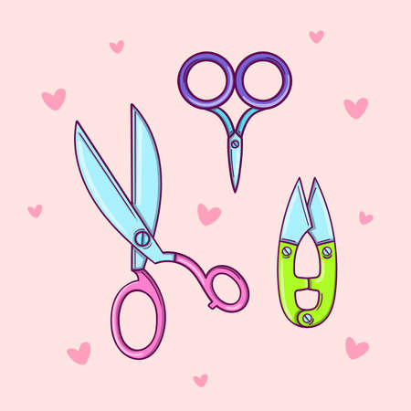 Hand drawn set of tailor scissors on pink background with heartsのイラスト素材