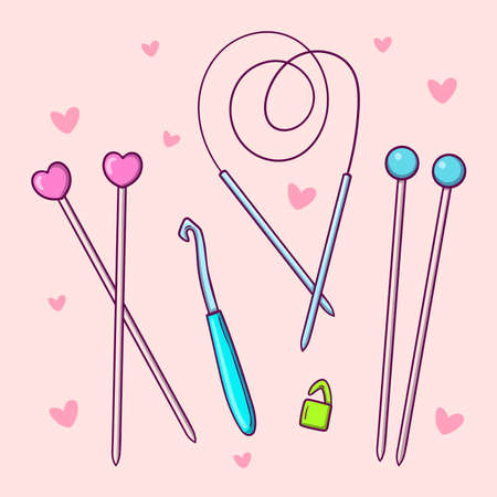Hand drawn set of tools for knitting, knitting needles and crochetのイラスト素材