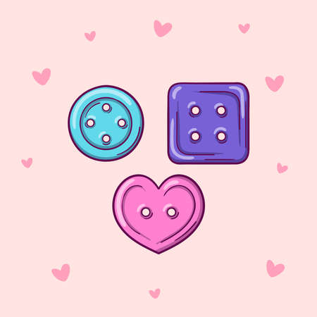 Hand drawn clothing buttons vector illustration isolated on pink background with heartsのイラスト素材