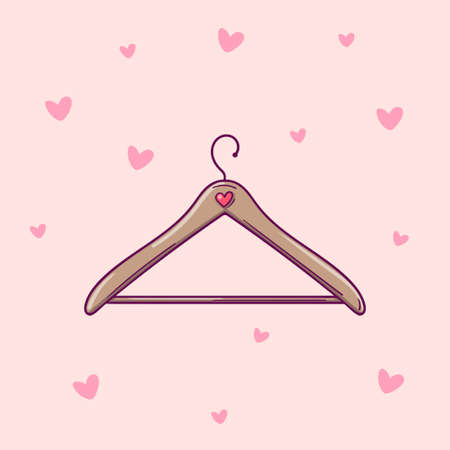 Hand drawn vector clothes hanger isolated on pink background with heartsのイラスト素材