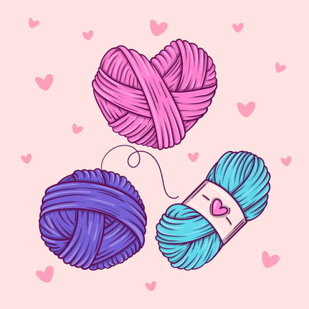 Set of three bright balls of yarn and in doodle style on pink background with heartsのイラスト素材
