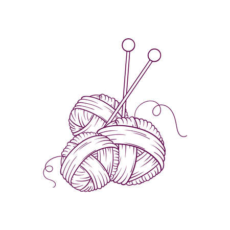 Hand drawn three balls of yarn and needles in doodle style isolated on white backgroundのイラスト素材